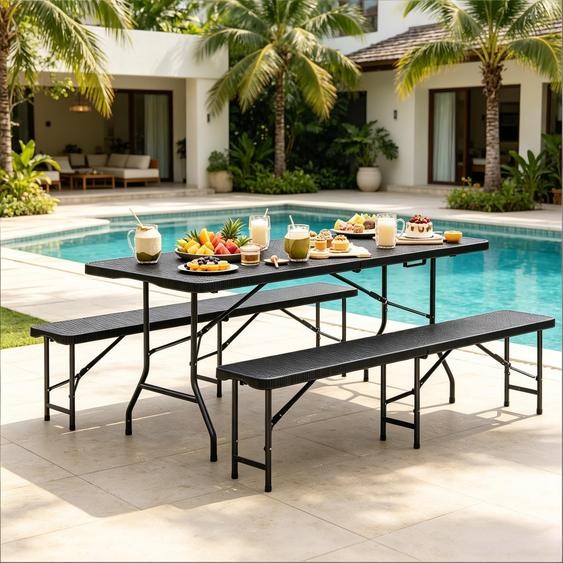 Ensemble de mobilier de jardin « Bier » 3 pièces pour 8 à 10 personnes - Ensemble de mobilier de fête pliable comprenant une table et 2 bancs en HDPE aspect rotin - Mobilier de camping dextérieur
