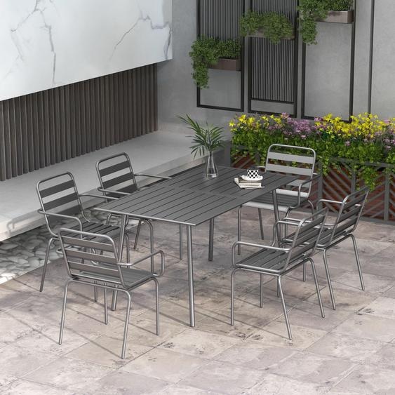 Ensemble de mobilier de jardin composé de 7 pièces : une table et 6 chaises empilables, avec une structure en acier, dimensions 150 x 80 x 74 cm, couleur grise