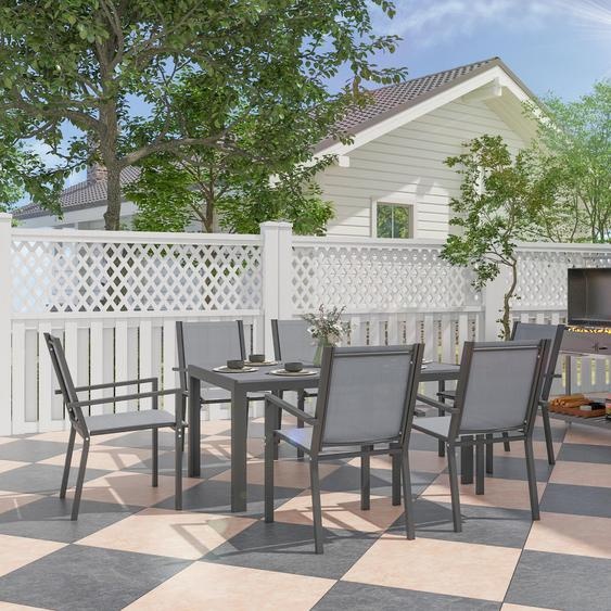 Ensemble de mobilier de jardin composé de 7 pièces : une table et 6 chaises empilables. Table avec plateau imitation bois, structure en acier. Dimensions : 150 x 90 x 73 cm. Couleur : gris foncé