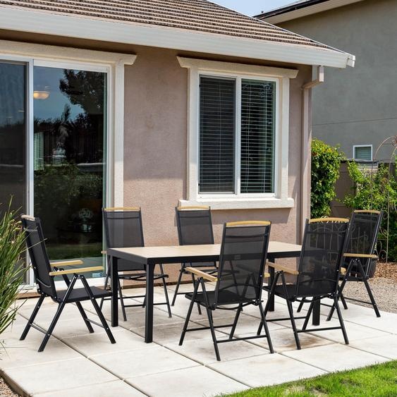 Ensemble de mobilier de jardin composé de 7 pièces : une table et 6 chaises pliantes, avec dossier réglable, aspect bois, structure en aluminium, dimensions 190 x 90 x 74 cm, couleur noire