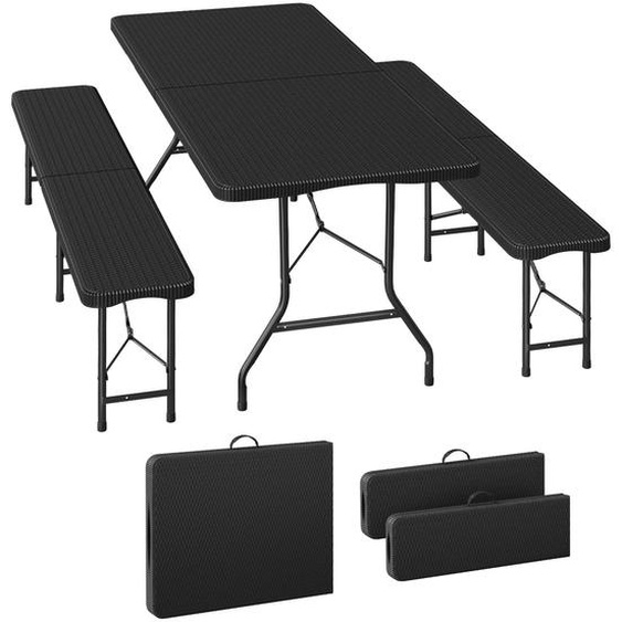 Ensemble de mobilier de jardin composé de : une table de bière et deux bancs pliants. Matériau : métal. Capacité : 6 personnes et plus. Dimensions de la table : 180 x 74 x 70 cm. Dimensions des bancs : 183 x 43 x 27,5 cm. Couleur : noir
