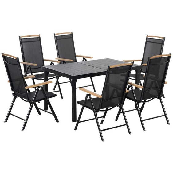 Ensemble de mobilier de jardin comprenant une table et 6 chaises réglables | Couleur : Noir | Dimensions : 90 x 140 x 74 cm