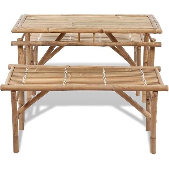 Ensemble de mobilier de jardin en bambou pour bière, comprenant une table et deux bancs, de 100 cm. Ensemble de mobilier pour bière en bambou, type biergarten