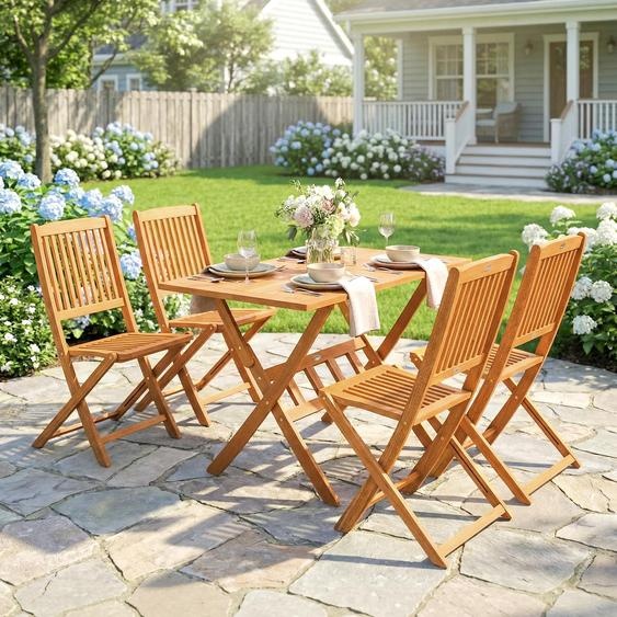 Ensemble de mobilier de jardin en bois dacacia, comprenant 4 chaises pliantes et une table, pliable, design à lattes, dimensions : 120 x 70 x 75 cm, finition naturelle