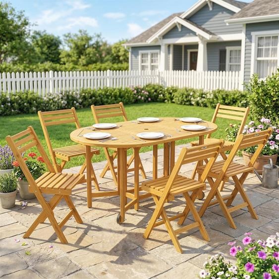 Ensemble de mobilier de jardin en bois dacacia, comprenant une table extensible et 6 chaises pliantes, avec un trou pour parasol, un design à lattes, dimensions : 150 x 90 x 74 cm, finition naturelle