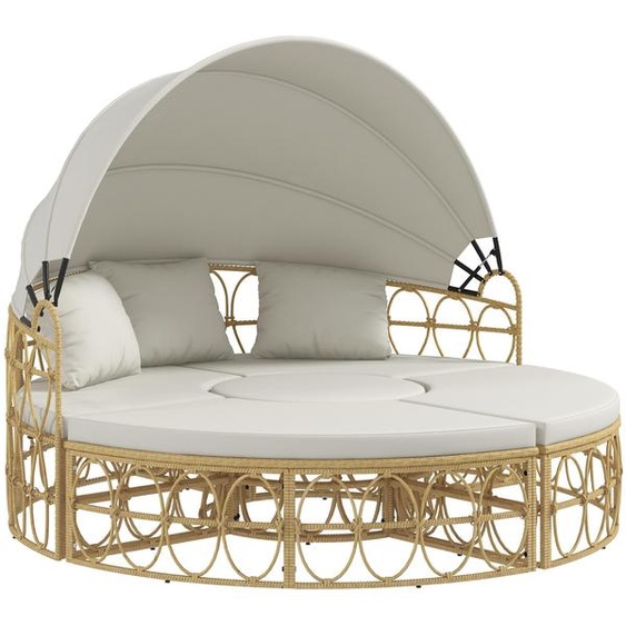 Ensemble de mobilier de jardin en coques, canapé deux places – avec capote rabattable et table basse, idéal pour le jardin et la terrasse, couleur crème
