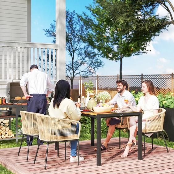 Ensemble de mobilier de jardin en polyrotin, 5 pièces, comprenant un groupe de sièges avec une table en bois dacacia, idéal pour un balcon. Ensemble lounge, couleur kaki. Comprend : 4 chaises + table. Structure en acier