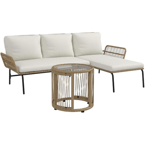 Ensemble de mobilier de jardin en rotin comprenant une chaise longue, une table basse et un canapé deux places, avec coussins couleur crème