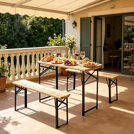 Ensemble de mobilier de jardin pliable comprenant une table de camping et 2 bancs. Ensemble de table et bancs pliables pour tente de bière, en bois et métal, dimensions 120x50x76 cm, capacité de 220 kg. Ensemble de table et bancs pour camping
