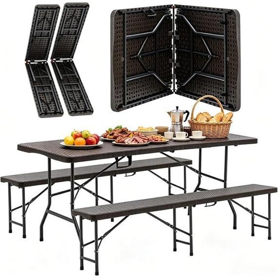 Ensemble de mobilier de jardin pliable pour tente, comprenant une table de pique-nique de 1,80 mètre (6 pieds) et 2 bancs, ensemble de camping en 3 pièces, mobilier de jardin résistant aux intempéries, plateau de table en HDPE avec motif de feuilles,