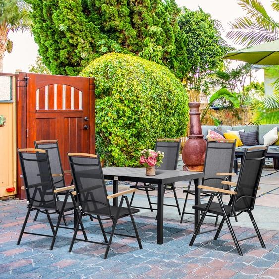 Ensemble de mobilier de jardin pour 6 personnes, pliable, comprenant une table et des chaises, en aluminium imitation bois, de couleur noire. Dimensions : 140 x 90 x 74 cm. Dossier réglable sur 7 positions