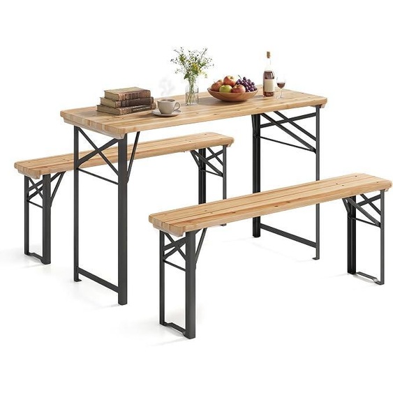 Ensemble de mobilier de jardin pour bière, 118 cm, ensemble de table pliante pour bière avec table et 2 bancs, mobilier de jardin en bois de pin naturel, ensemble de bancs pour bière pour 4 personnes, ensemble de table de pique-nique pour intérieur et