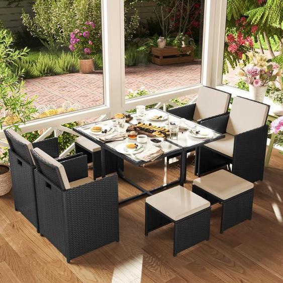 Ensemble de mobilier de jardin SONGMICS - Noir et beige - 9 pièces - Table et chaises - Avec coussins
