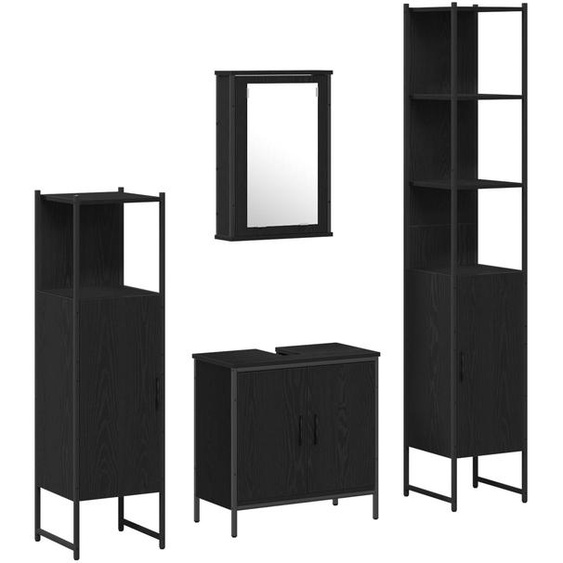 Ensemble Meubles de Salle de Bain 4 Pièces, Rangement Mural Moderne, Bois dIngénierie Noir, 10 Étagères, 5 Portes Affleurantes, 33x33x185,5 cm