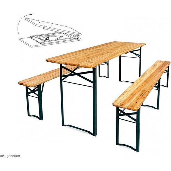 Ensemble de mobilier de tente pliable, composé de 3 pièces : 1 table et 2 bancs. Fabriqué avec un plateau en bois et une structure en acier. Gain de place grâce à son système pliable. Idéal pour le jardin, les fêtes, les tentes événementielles, le camping