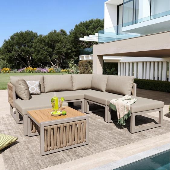 Ensemble de mobilier de terrasse 7 pièces, canapé dextérieur en L avec table basse et coussins, chaises longues de jardin pour véranda, jardin ou terrasse, couleur beige