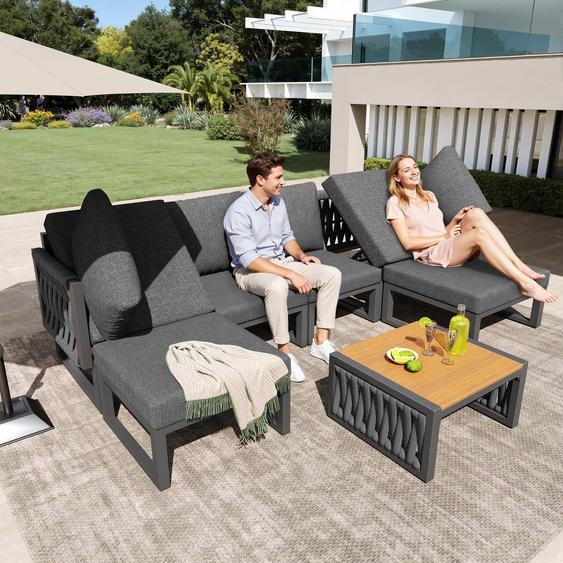 Ensemble de mobilier de terrasse 7 pièces, canapé dextérieur en L avec table basse et coussins, chaises longues de jardin pour véranda, jardin ou terrasse, gris