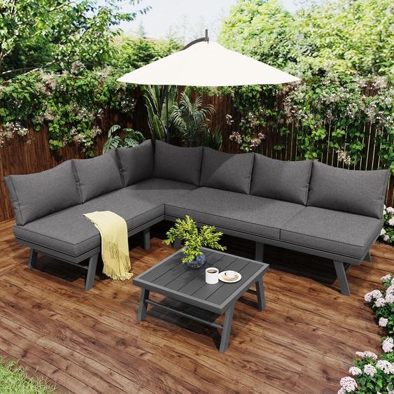 Ensemble de mobilier de terrasse, ensemble de chaises longues pour 5 à 6 personnes, salon de jardin comprenant 2 canapés trois places et une table, structure en fer galvanisé avec pieds de protection