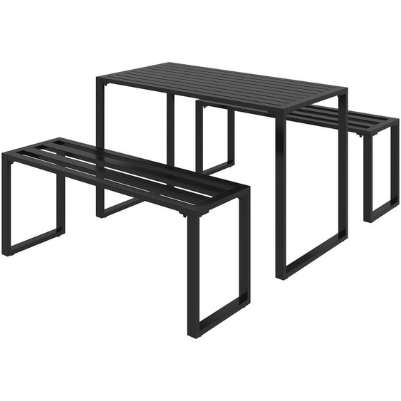 Ensemble de mobilier dextérieur 3 pièces, ensemble fixe comprenant une table et 2 bancs en métal, noir