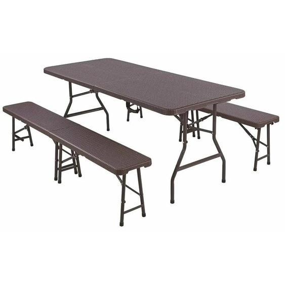 Ensemble de mobilier dextérieur - Table pliante avec 2 bancs - 180,5 × 75,5 × 73 cm - Structure en fer, plateau en PVC - Pour 8 personnes - Rectangulaire - Marron chocolat