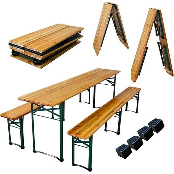 Ensemble de mobilier pour tente de bière, pliable au centre, largeur 220 cm, comprenant 3 éléments : 1 table et 2 bancs de bière, en bois verni, avec 16 protections de sol en plastique. Ensemble de table et bancs pour tente de bière, idéal pour événements