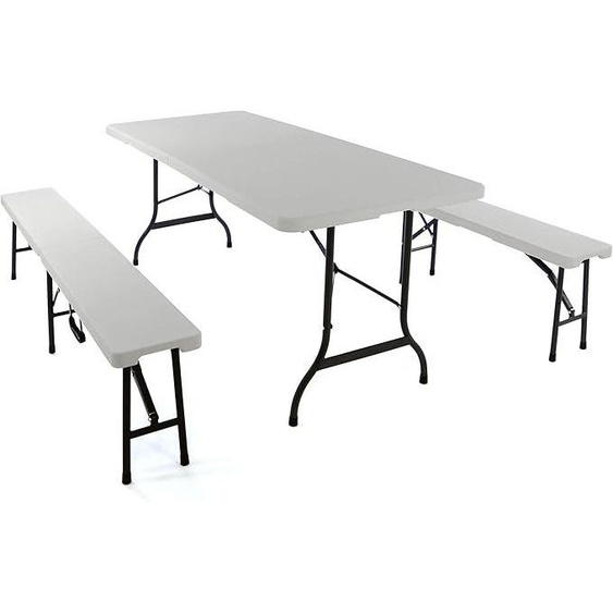 Ensemble de mobilier pour tente de fête : 1 table, 2 bancs pliables blancs. Ensemble de mobilier pour jardin, tente de réception, camping. Table pliante robuste et résistante aux intempéries, dimensions : 180 x 74 cm