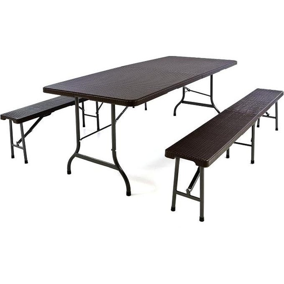 Ensemble de mobilier pour tente de fête : 1 table, 2 bancs pliants, aspect rotin, couleur marron. Idéal pour les tentes de fête, les campings, les tables pliables robustes et résistantes aux intempéries, et comme ensemble de mobilier de jardin ou table