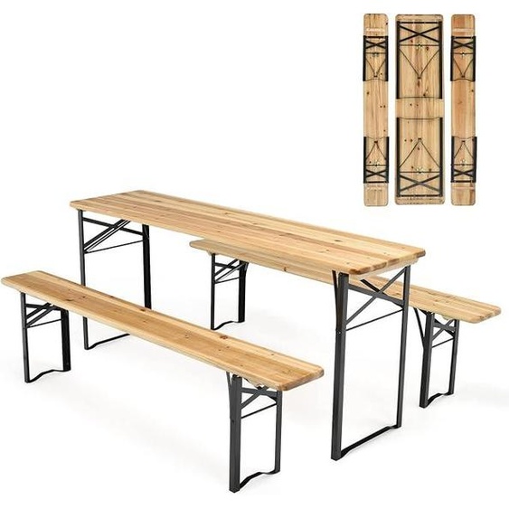Ensemble de mobilier pour tente de fête, 3 pièces, pliable.Ensemble de mobilier pour tente de fête :- 2 bancs de bière- 1 table de bière- 1 table de pique-niqueDimensions : 177x46x75 cmTable de camping, table dappoint, ensemble de sièges.Bois massif,
