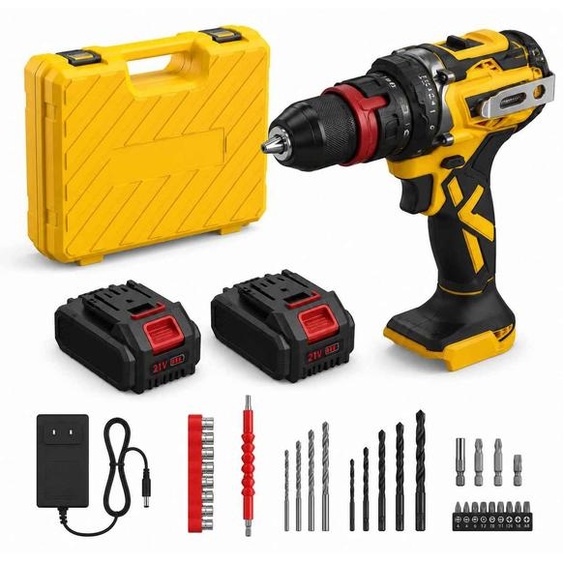 Ensemble de perceuse-visseuse sans fil Zimilo 21V avec 2 batteries lithium-ion, couple de 45 Nm, moteur sans balais, 20+1 réglages de couple, mandrin à serrage rapide et mallette, couleur jaune