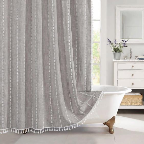 Ensemble de rideaux de douche en tissu de ferme gris, rideaux de douche en coton et lin modernes Boho pour décoration de salle de