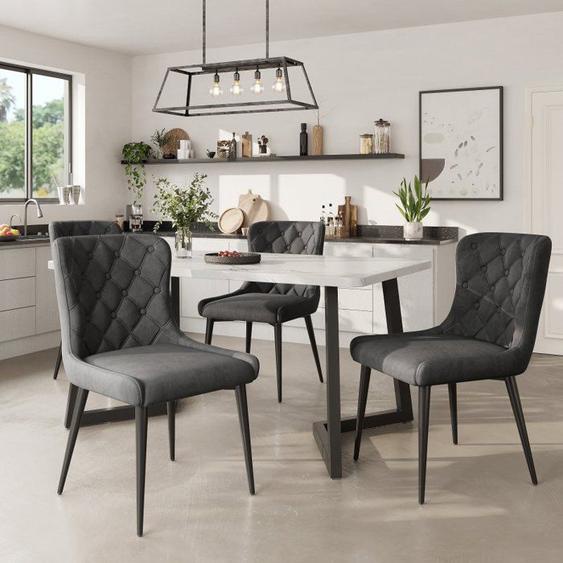Ensemble De Salle À Manger (5 Pièces), 117x68cm Table À Manger Avec 4 Chaises En Velours Gris Foncé, Pieds De Table Noir