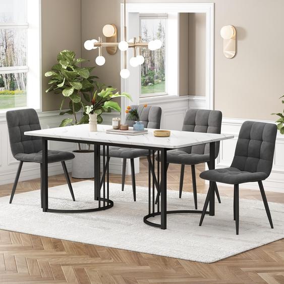 Ensemble de salle à manger 5 pièces avec 4 chaises en velours, table de cuisine moderne 140 x 80 cm avec pieds en métal, blanc/noir/gris foncé