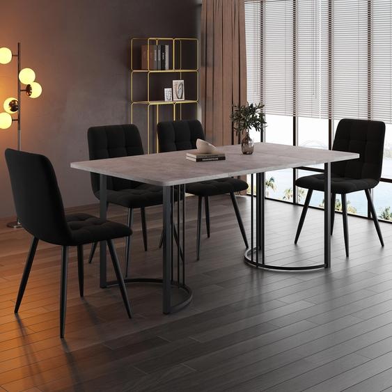 Ensemble de salle à manger 5 pièces comprenant 4 chaises en velours, une table à manger moderne de 140 x 80 cm et une table de cuisine à pieds métalliques, gris/noir