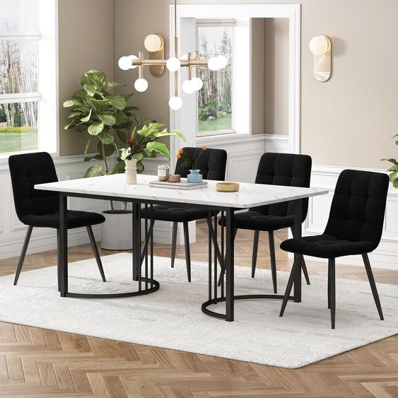 Ensemble de salle à manger 5 pièces comprenant 4 chaises en velours, une table de salle à manger moderne de 140 x 80 cm et une table de cuisine à pieds métalliques, blanc/noir