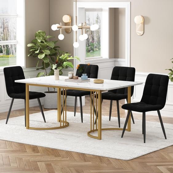 Ensemble de salle à manger 5 pièces comprenant 4 chaises en velours, une table de salle à manger moderne de 140 x 80 cm et une table de cuisine à pieds métalliques, blanc, or/noir