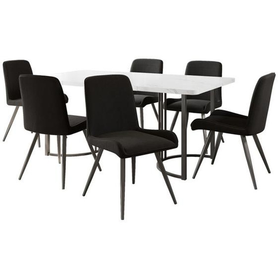 Ensemble De Salle À Manger (6+1), 140x80cm Table À Manger Avec 6 Chaises En Velours Noir, MDF, Pieds De Table Noir