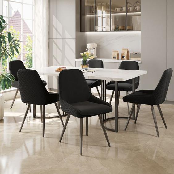 Ensemble De Salle À Manger, 7 Pièces, Table À Manger Et 6 Chaises En Velours Noir, 140 X 80 Cm, Pieds En Métal Noir, MDF