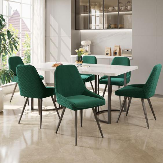 Ensemble De Salle À Manger (7 Pièces), Table De Salle À Manger 140x80cm, 6 Chaises Velours Vert Foncé, Pieds De Table Noir