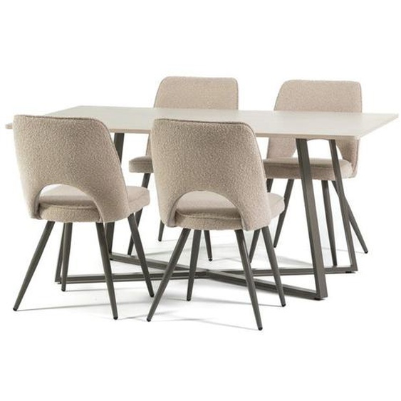 Ensemble de salle à manger avec table rectangulaire DAMIANO en MDF et 4 chaises KETTY rembourrées recouvertes de tissu bouclé
