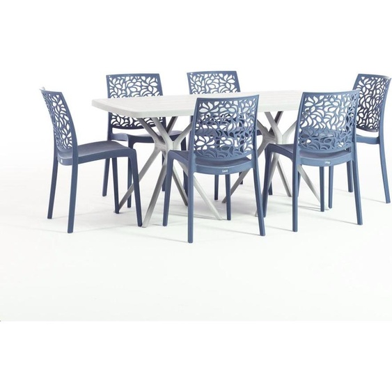 Ensemble de salle à manger dextérieur comprenant une table rectangulaire de 158 x 84 cm et 6 chaises empilables en résine renforcée de fibre de verre – design moderne et coloré, idéal pour le jardin, la terrasse et la véranda – OLIVER+ANNA – Ciment/Gris