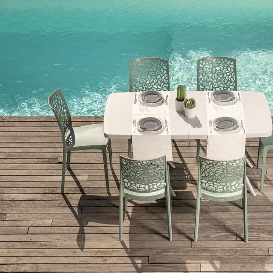 Ensemble de salle à manger dextérieur comprenant une table rectangulaire de 158 x 84 cm et 6 chaises empilables en résine renforcée de fibre de verre – design moderne et coloré, idéal pour le jardin, la terrasse et la véranda – OLIVER+ANNA – Vert