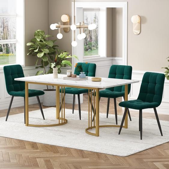Ensemble de salle à manger Fortuna Lai (5 pièces), comprenant une table avec 4 chaises. Ensemble de table de cuisine moderne, table de cuisine de 140x80 cm avec pieds en métal doré, et 4 chaises de salle à manger en velours, de couleur vert foncé et avec