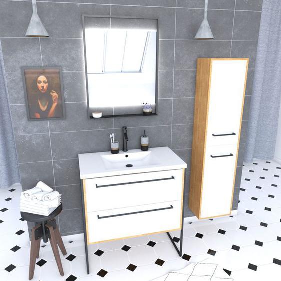 Ensemble de salle de bain 80cm AURLANE - Vasque blanche 80x50 - Tiroir blanc mat - Miroir - Colonne
