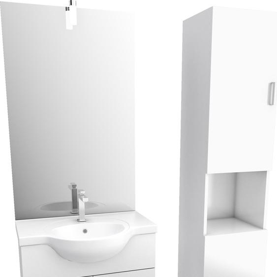Ensemble de salle de bain blanc 60cm + vasque en céramique blanche + miroir LED + colonne 2 portes
