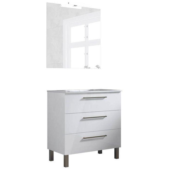 Ensemble de salle de bain meuble 80cm STAY THREE CLASSIC blanc brillant - Vasque - Miroir - Applique