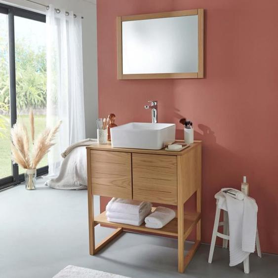 Ensemble De Salle De Bain Meuble Chêne 70 Cm Atoll + Miroir Bois L50xh70cm + Vasque Carrée 36 Cm