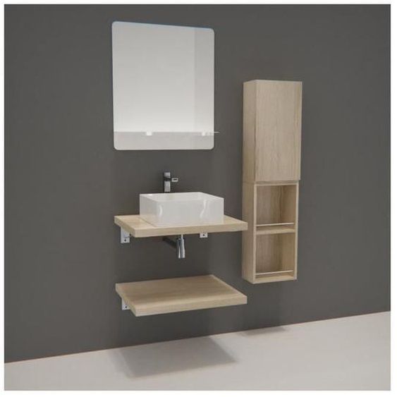 Ensemble de salle de bain suspendu WILL - Plan 60 cm + Vasque + Miroir + Rangements - Bois Clair