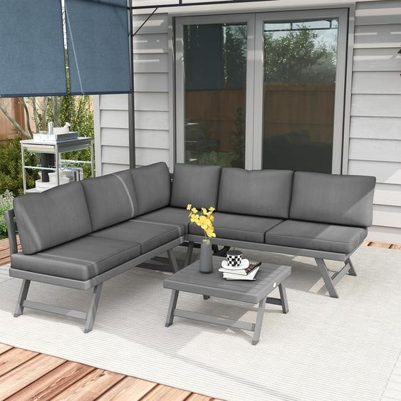 Ensemble de salon de 4 pièces comprenant 2 bancs et une table basse, avec dossier réglable, dimensions : 115 x 61 x 65 cm, couleur : gris