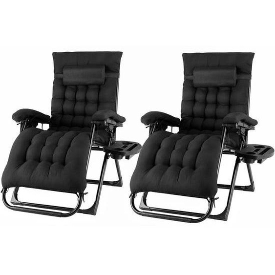 Ensemble de salon de jardin 2 pièces, chaise longue de jardin noire et réglable avec coussin en coton