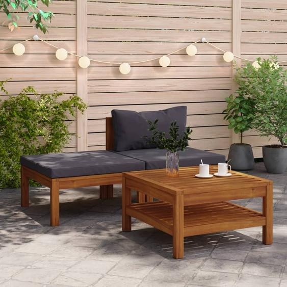 Salon de jardin 3 pcs avec coussins gris foncé Bois dacacia
